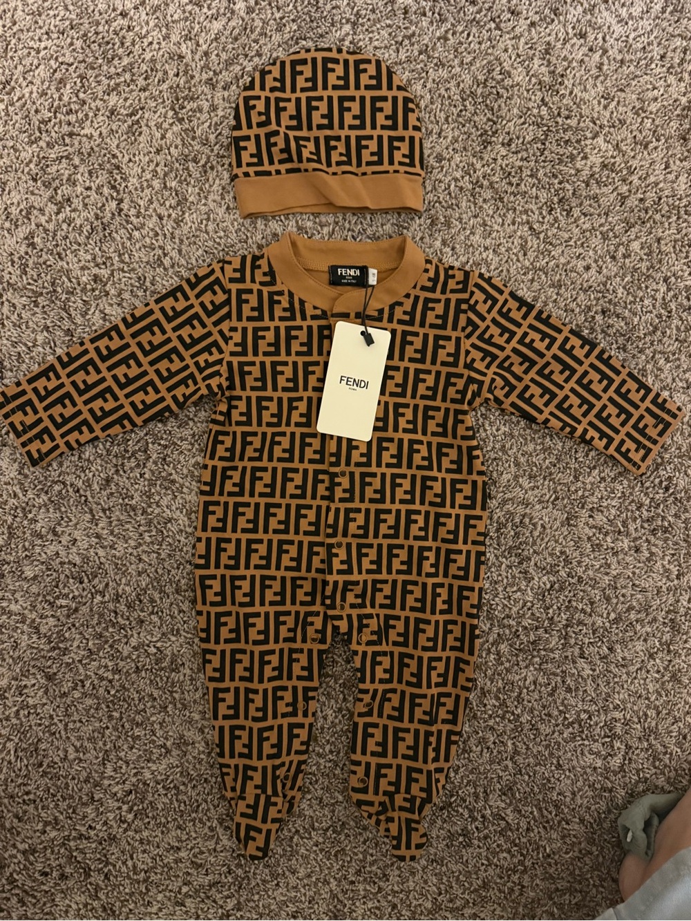 Fendi Brown Logo-Print Baby Footie with Matching Beanie